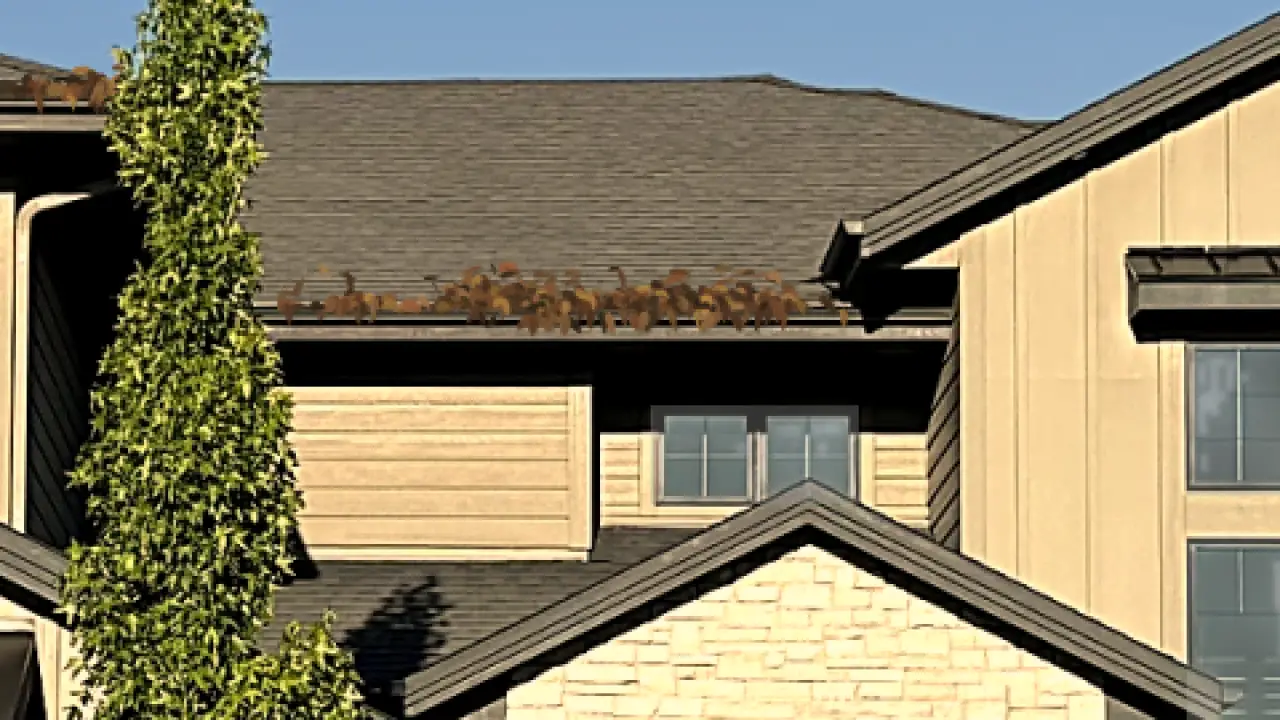 A roofline with gutters packed with leaves